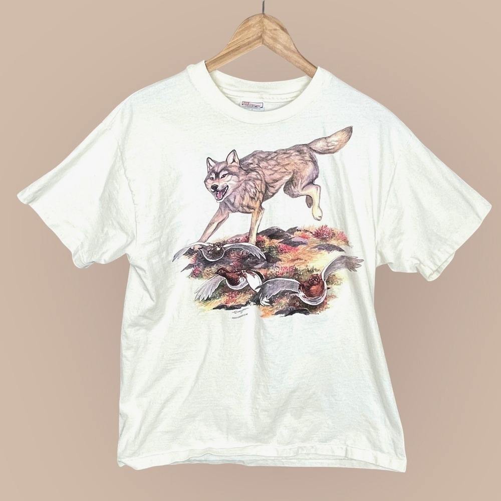 Vintage 90s Wolf Graphic Print Single Stitch T Shirt Mens L Wildlife Made in USA